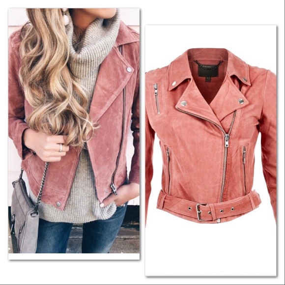 Muubaa Jackets & Blazers - MUUBAA | Orinoco Pink Cropped Suede Biker Jacket